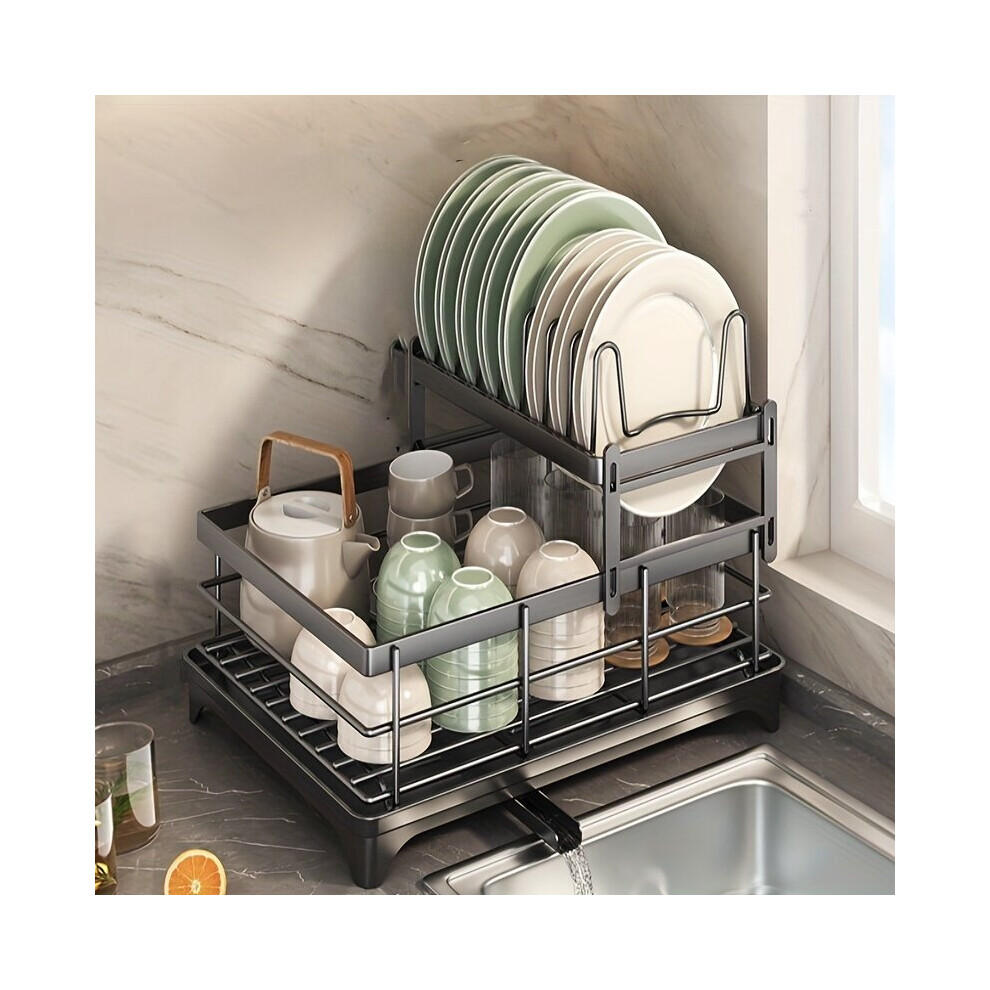 Organisateur de cuisine multifonctionnel - séchoir à vaisselle et à ustensiles à deux étages avec drainage, aucun