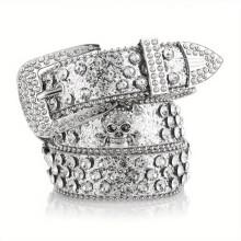Herren-Hip-Hop-Gürtel mit Totenkopf-Motiv, glänzend, PU-Leder, Silber