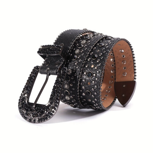 Ceinture noire avec fleurs incrustées et boucle fleurie., M