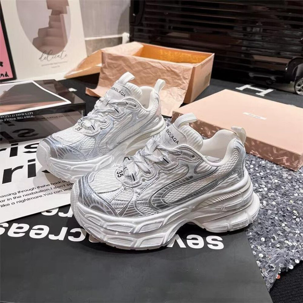 (white, 36) Women's 2025 Silver Double-layer Dad Sneakers - Thick-soled Platform Casual Sports Shoes