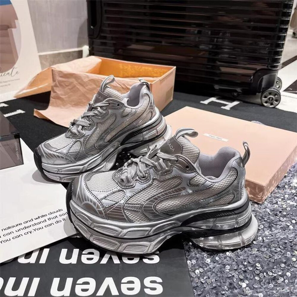 (silver, 40) Women's 2025 Silver Double-layer Dad Sneakers - Thick-soled Platform Casual Sports Shoes