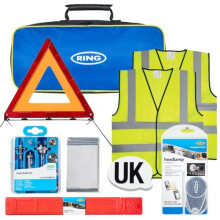 RK002 Essential European Travel Kit - Headlight Deflectors, Warning Triangle, UK Sticker, Bulb Kit, High Visibility Jackets, First Aid Kit, Foil