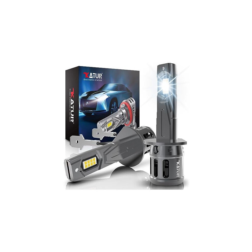 Katur H1 Led Headlight Bulbs, 80W 16000Lm 6000K Xenon Wireless H1 Headlight Car Conversion Kit Halogen Replacement Bulb 1:1 Mini Size Plug And White 7778527160714