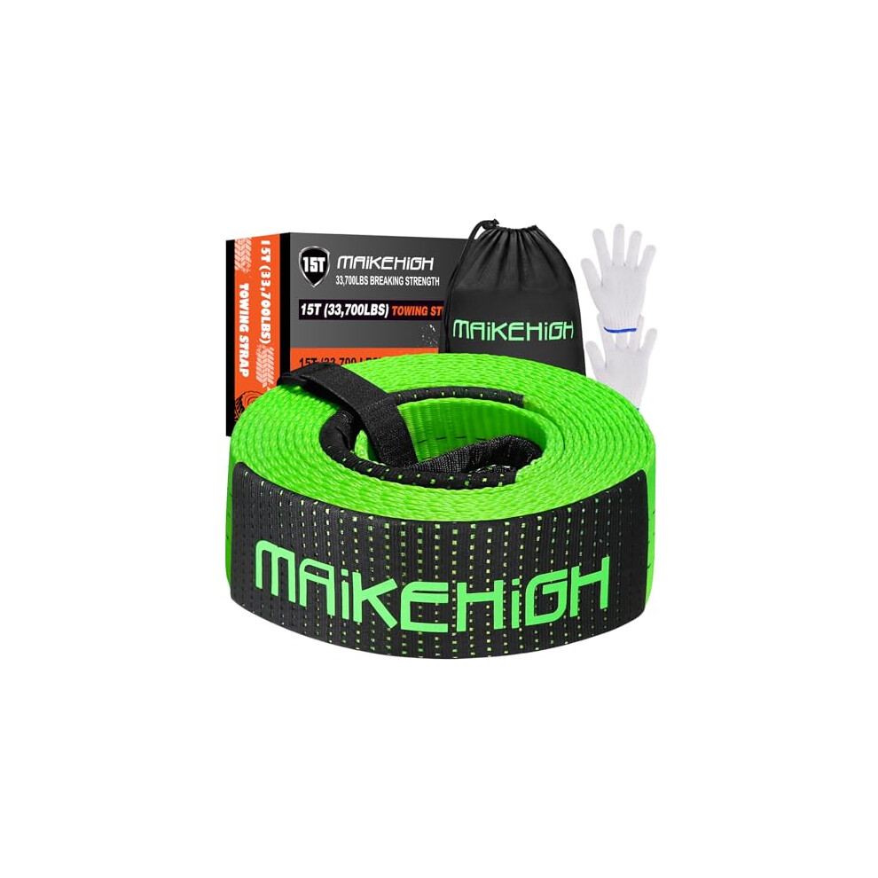Maikehigh Towing Rope 15 Ton (33,700 Lbs), 6M X 7.6Cm Off-Road Recovery Tow Strap With 2 Gloves For Car, Truck, Suv, Snow (Green) Green 4618987729409