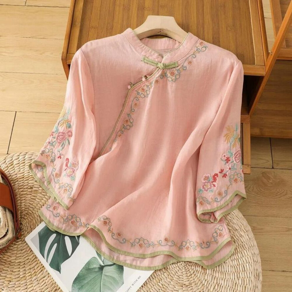 (XXXL, pink) Chinese Style Women's Shirt Summer Embroidery Vintage Blouses Loose Short Sleeve Women Tops Cotton Linen Clothing