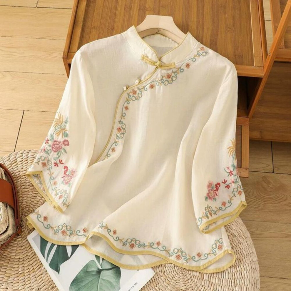 (XL, beige) Chinese Style Women's Shirt Summer Embroidery Vintage Blouses Loose Short Sleeve Women Tops Cotton Linen Clothing