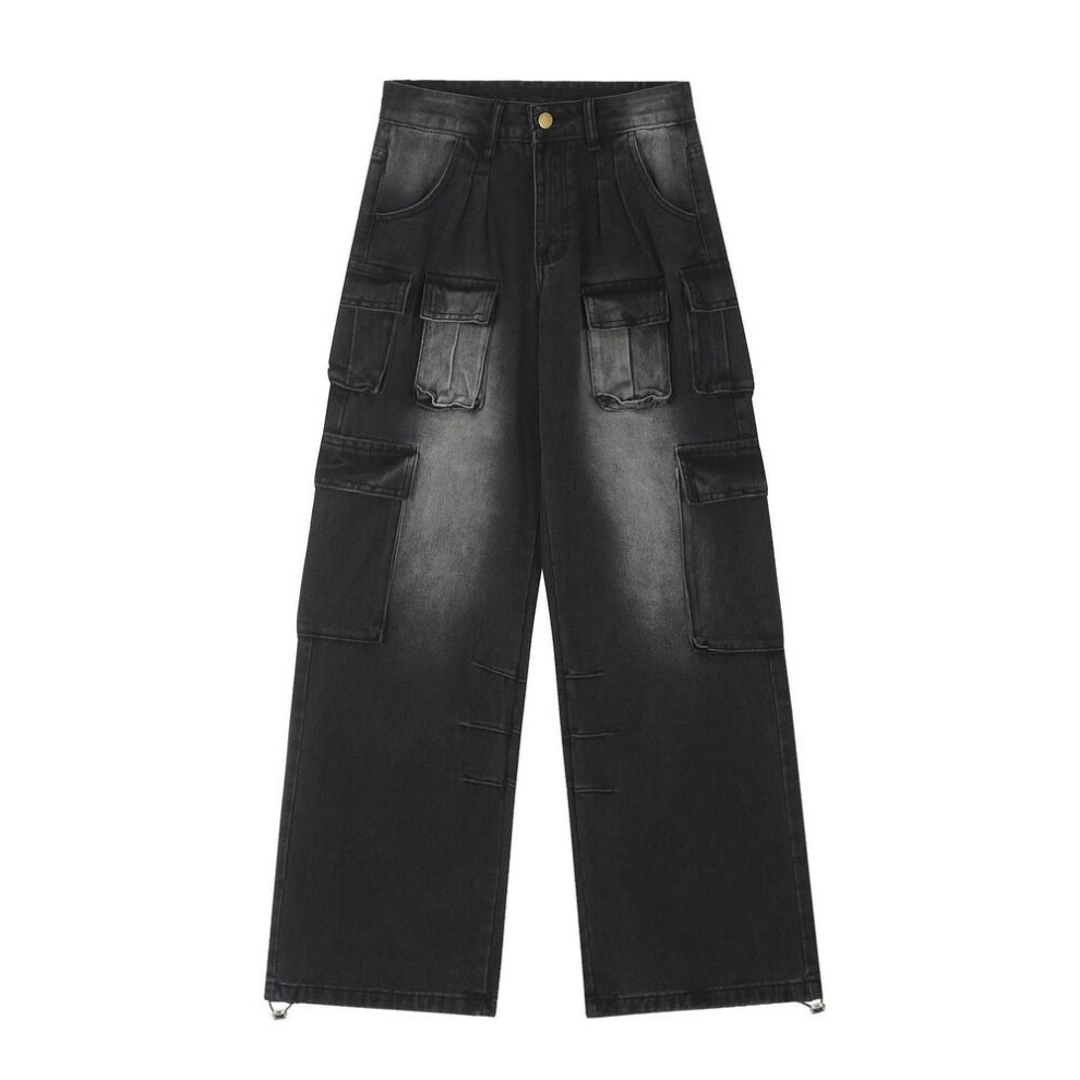 (black, XL) Women's Wide-leg High Street Multi-pocket Distressed Jeans