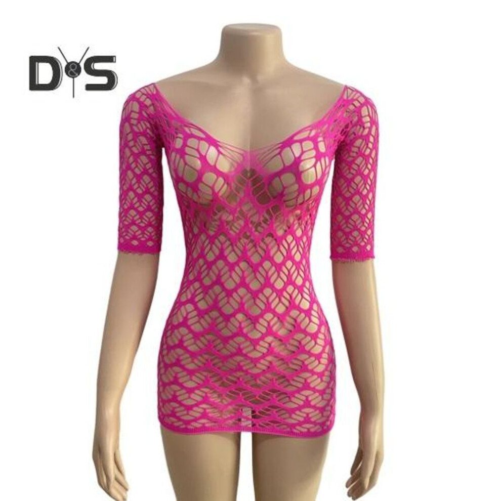 (rose red) Women Summer Beach Cover Up Hollow Out Long Sleeves Slim Fit Low Cut V Neck Backless See Through Bikini Beach Mini Dress Beach Mock