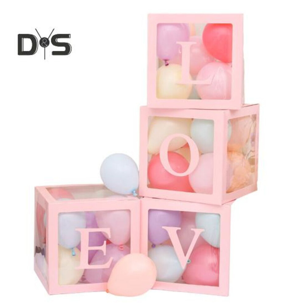 (pink, Sets) 4 Pcs Balloon Box Diy Assembly Transparent Paper Box Balloon Box With Letters Reusable Stackable Cube Decorative Box For Party Wedding Birthday
