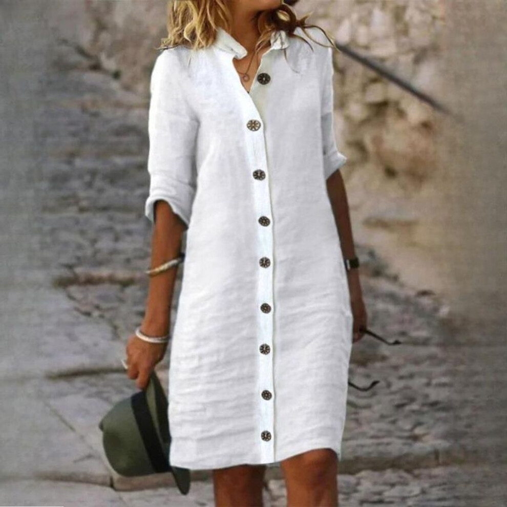 (white, XL) Qiced Women's Spring Summer Shirt Neck Mid Sleeve Cotton Linen Dresses