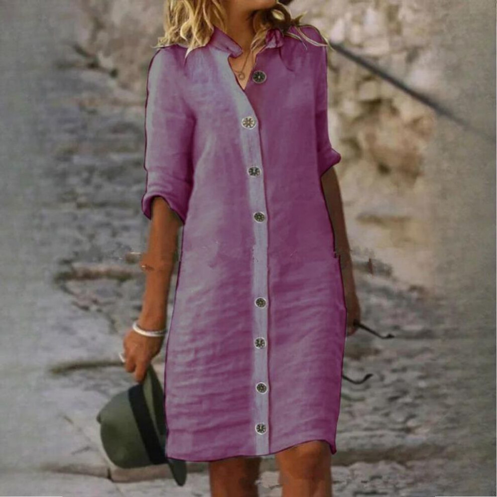(purple, L) Qiced Women's Spring Summer Shirt Neck Mid Sleeve Cotton Linen Dresses