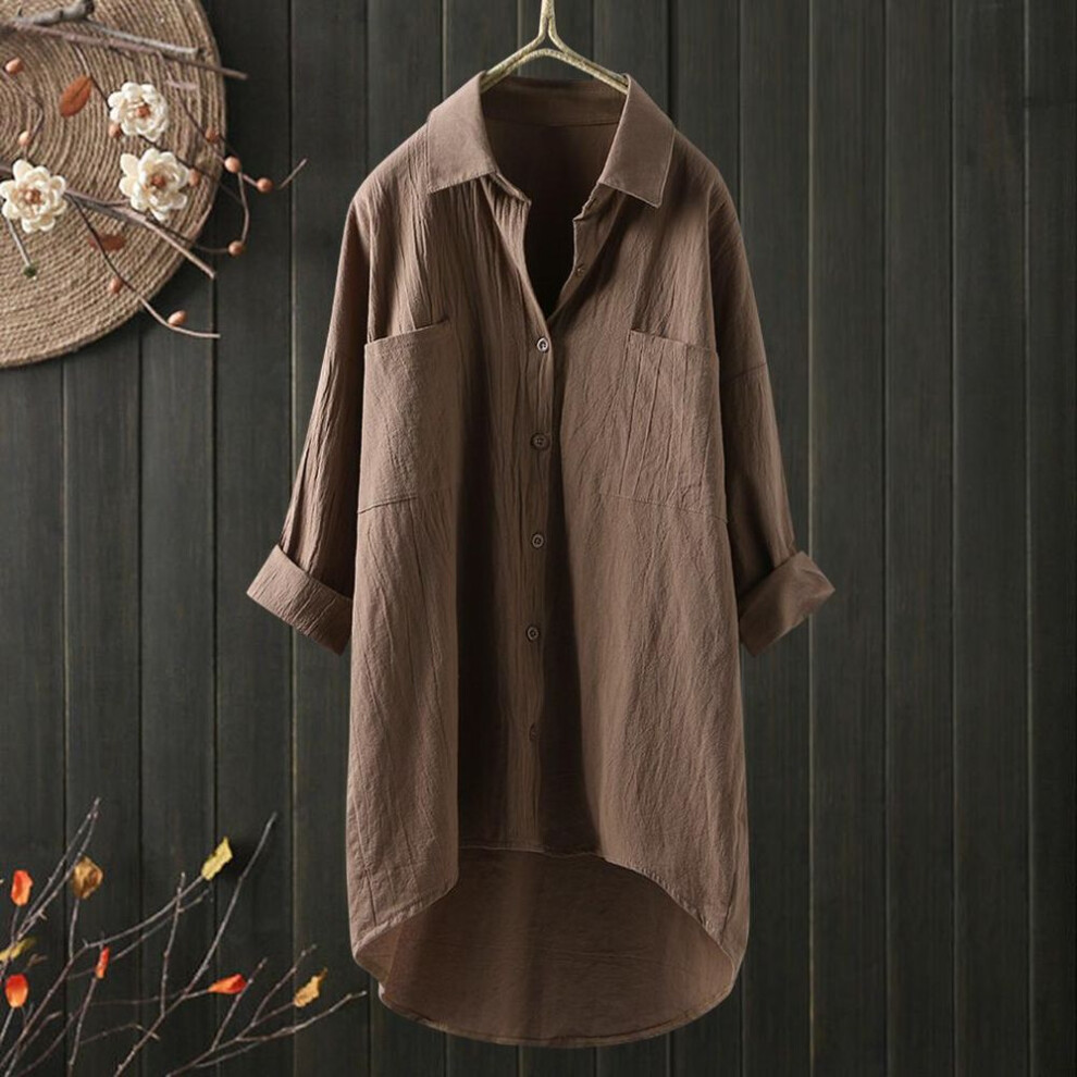 (3XL, khaki) Cotton Linen Shirt For Women - Solid Color Oversized Loose Blouse Breathable Lightweight Summer Tunic Top