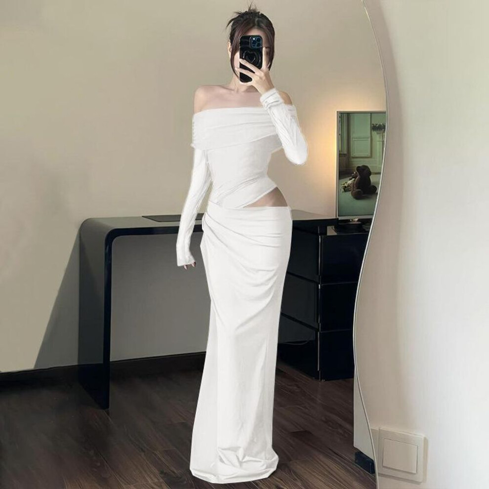 (white, M) Women's Spring Sexy Pure Lust One Shoulder Mesh Splicing Long Sleeve Hollow Dresses