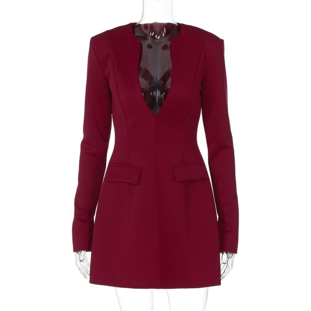 (burgundy, L) 2025 Winter New Product Fashion Temperament V-neck Back Zipper Solid Color Long-sleeved Dress