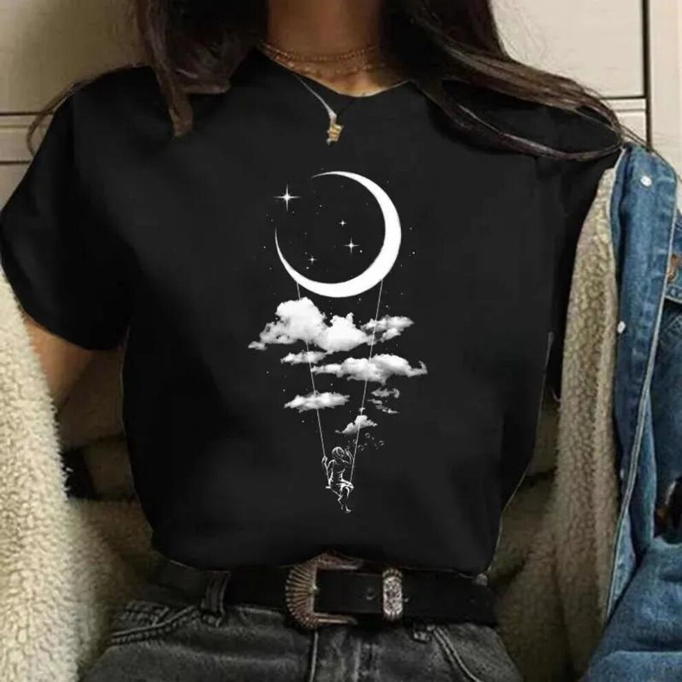 (M, black) Maan Harajuku Grappig Vrouwen T-shirt Meisje Cartoon Print Zwart Dames T-shirt Casual Vrouw Shirt Kawaii T-shirt