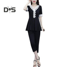 (black, L) Women's Summer Casual Two-piece Set V Neck Short Sleeve Lace Trim Top Seven-quarter Pants Set Lady Work Outfit