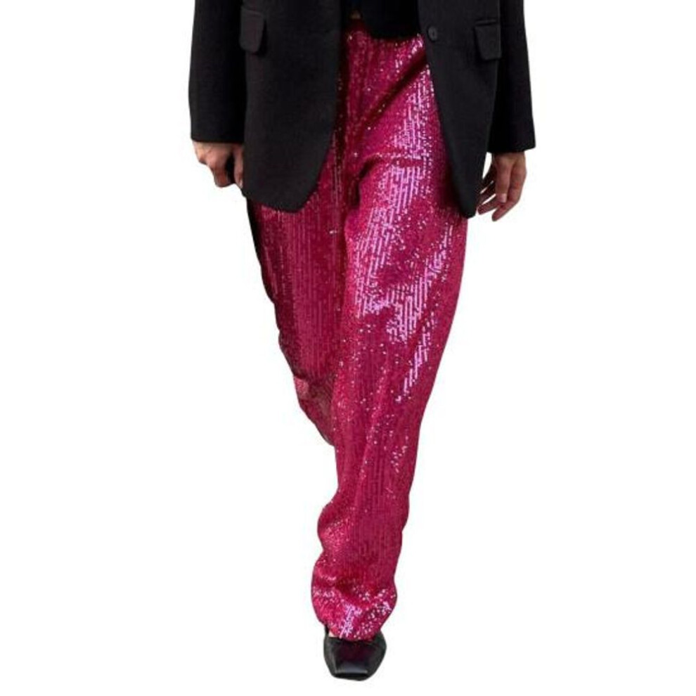 (rose red, M) Women Casual Pants Elastic Waist Mid-rise Straight Wide Leg Long Trousers Shiny Sequins Commuter Style Pants