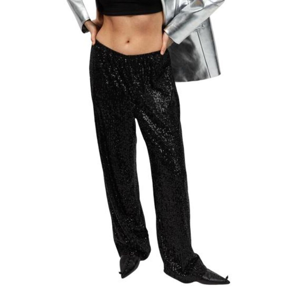 (black, L) Women Casual Pants Elastic Waist Mid-rise Straight Wide Leg Long Trousers Shiny Sequins Commuter Style Pants