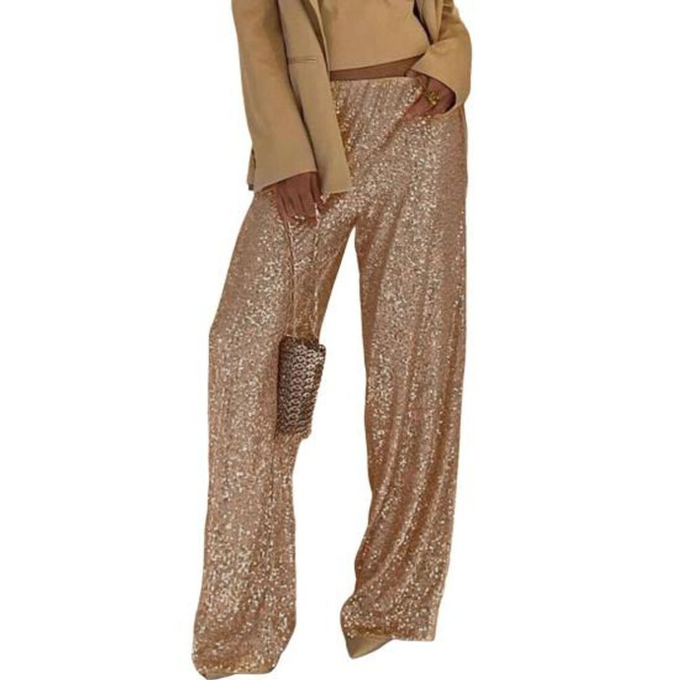 (golden, XL) Women Casual Pants Elastic Waist Mid-rise Straight Wide Leg Long Trousers Shiny Sequins Commuter Style Pants
