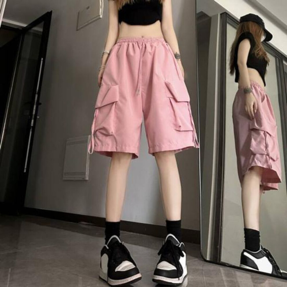 (pink, S) Summer Cargo Shorts Women Wide Leg Shorts Streetwear High Waist Baggy Short Pants Quick Drying Five Quarter Straight Leg Pants