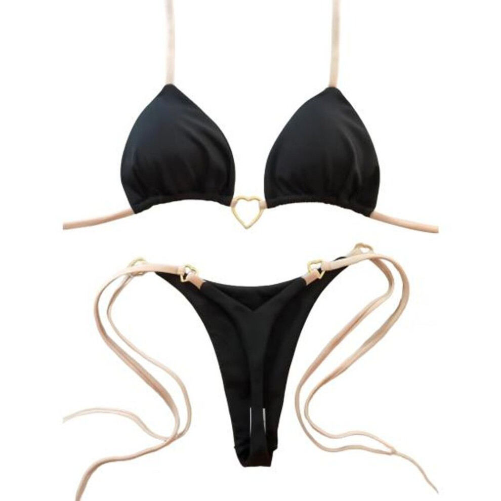 (M, black) 2pcs/set Women Bikini Set Heart Metal Buckle Halter Lace-up Swimsuit With Briefs Set Quick Drying Beachwear