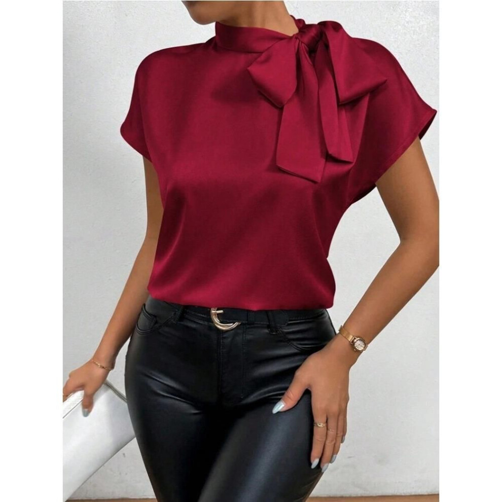(L, red) Women Summer Minimalist Shirt Elegant Women's Satin Pink Short Sleeved Lace-up Bow Neck Casual Fitting Office Shirt