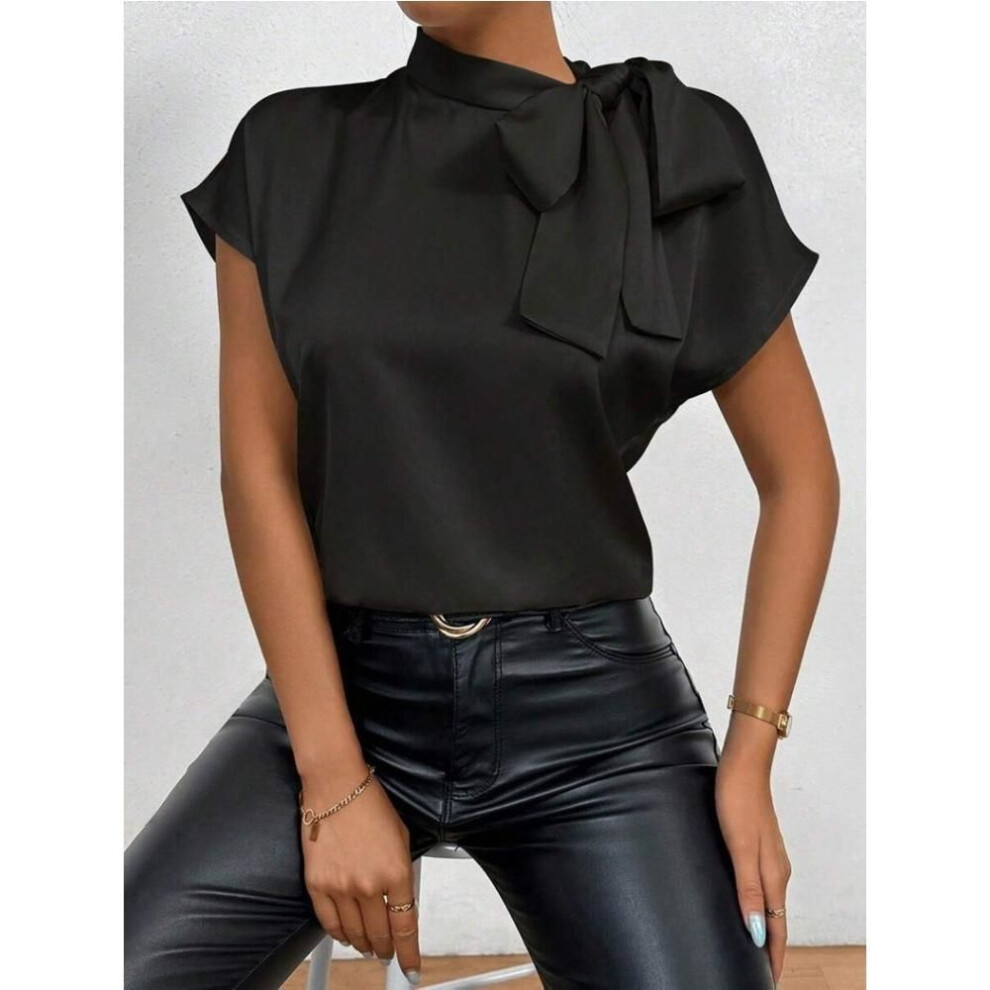 (XL, black) Women Summer Minimalist Shirt Elegant Women's Satin Pink Short Sleeved Lace-up Bow Neck Casual Fitting Office Shirt