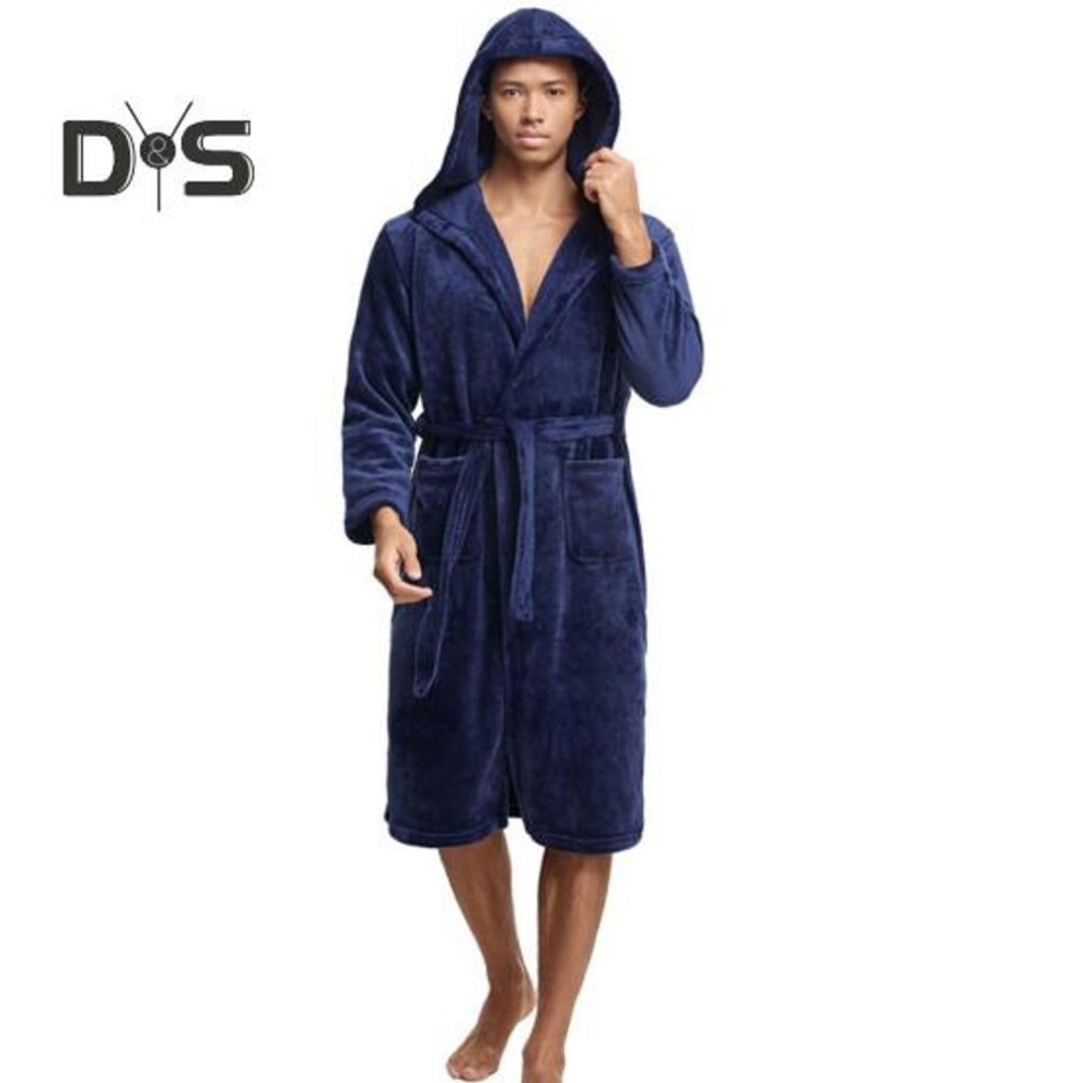(navy blue) Men Nightgown Hooded Long Sleeve Belt Flannel Bathrobe With Pockets Solid Color Quick-drying Fabric Knee-length Loungewear Robe