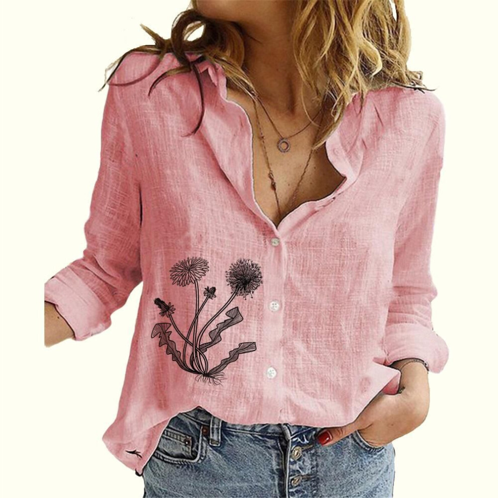 (2XL, pink) Women Fashion Linen Long Sleeve Shirt Casual Floral Print Shirt Ladies Summer&fall Thin Buttoned Blouse