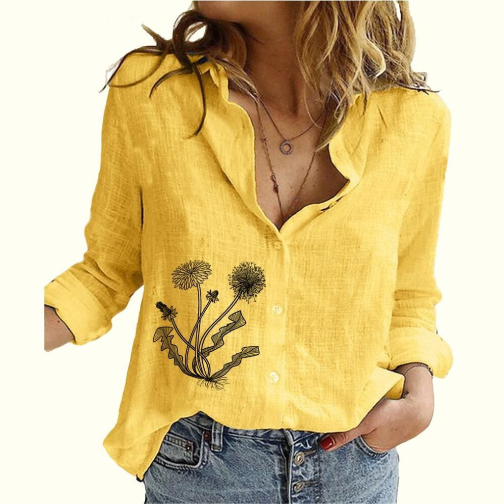 (L, yellow) Women Fashion Linen Long Sleeve Shirt Casual Floral Print Shirt Ladies Summer&fall Thin Buttoned Blouse