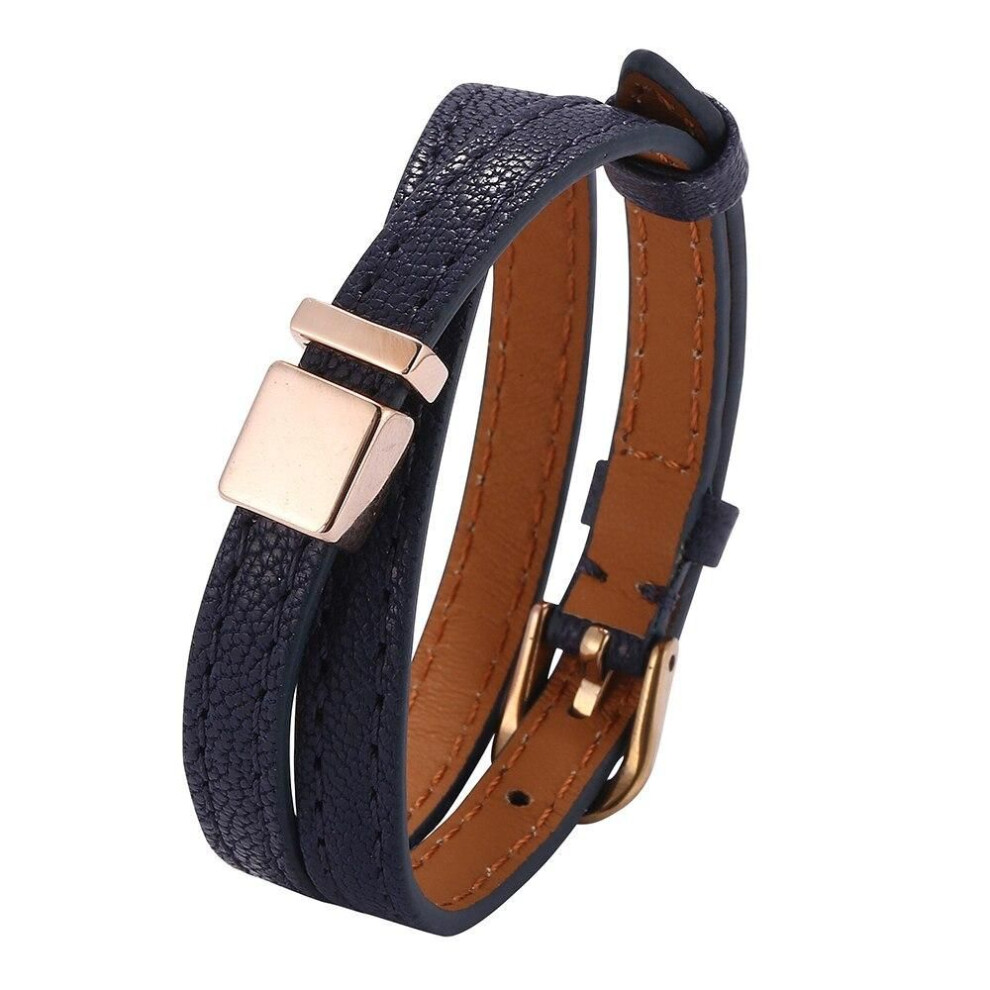 (navy blue) Couple Blue Leather Bracelet Women Men Alloy Buckle Wrap Bracelets Length Adjustable