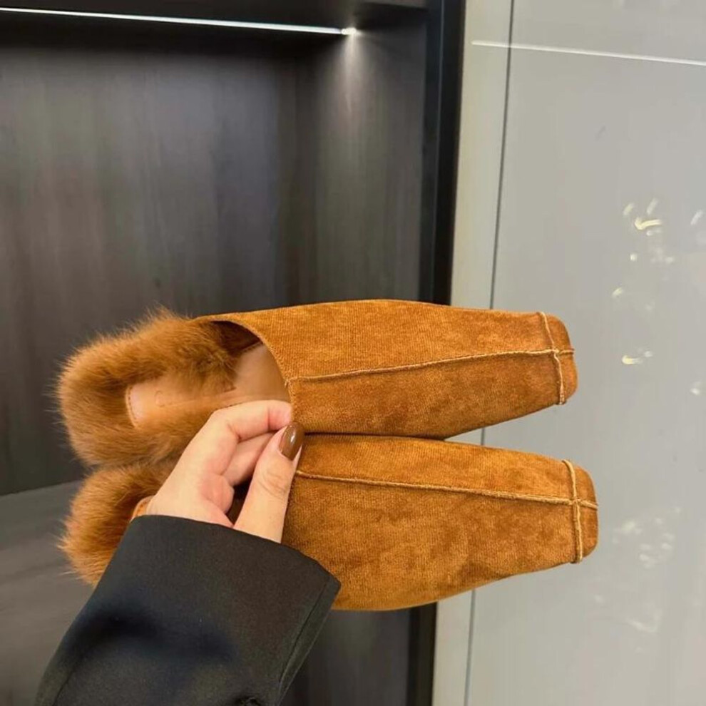 (brown, 35) Women Slides Slippers Flock Casual Mules Shoes Fur  New Arrivals Brown Black Party Dress Shoes Woman Size 35-39
