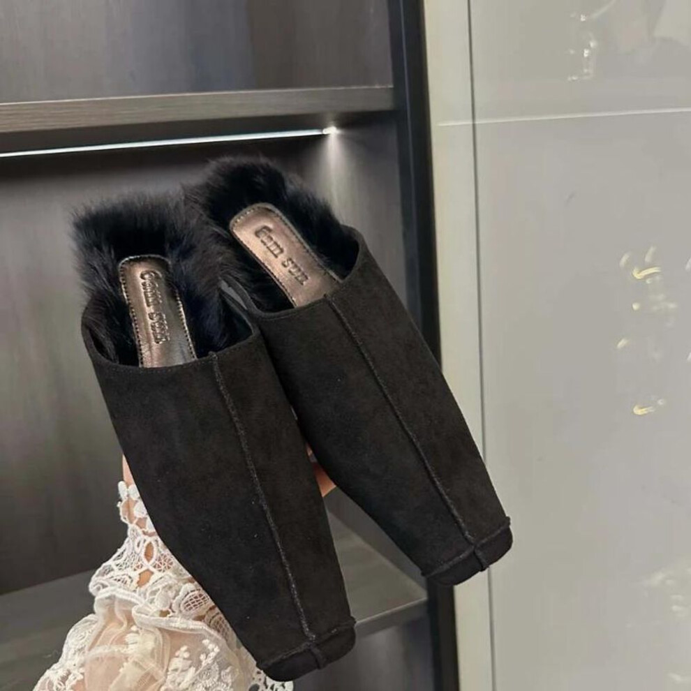 (black, 37) Women Slides Slippers Flock Casual Mules Shoes Fur  New Arrivals Brown Black Party Dress Shoes Woman Size 35-39