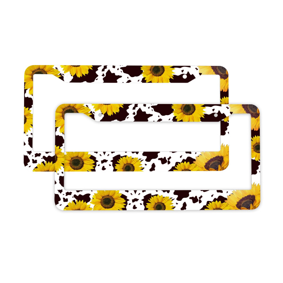 2 Pcs Sunflower Cow Print License Plate Frame Cow Patten Car Tag Frame License Plate Holder Auto Tags Cover 2 Holes Screws Brown 717052466387