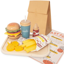 WOODENFUN Pretend Play Mads?t til b?rn Fastfood leges?t i tr? med bakke Hamburger Cola Fries Combo Leg K?kkentilbeh?r Rolleleg Leget?j Jul F?dsel