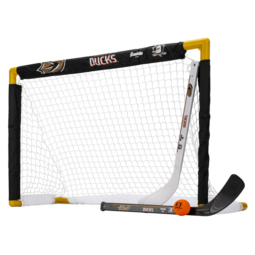 Franklin Sports NHL Anaheim Ducks Mini Hockey Set - Kids Indoor Knee Hockey Goal Ball + 2 Mini Hockey Stick Combo Set - Youth NHL Team Indoor Toy Kn