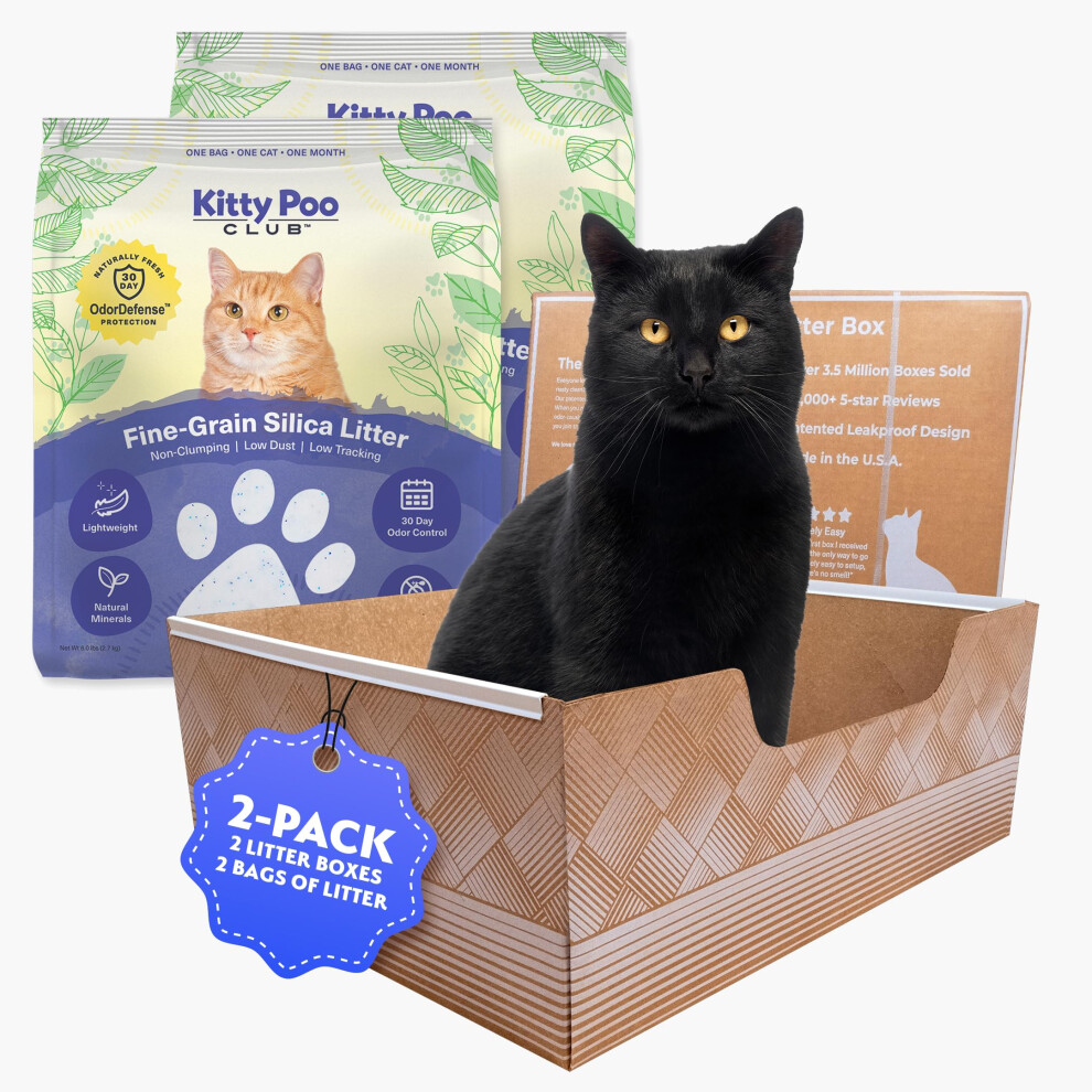 Leakproof Disposable 2-Pack Cat Litter Box with 2 Bags of 6 lbs Litters | Superior Odor Control & Recyclable Design | Perfect for Travel Multi-Cat Ho