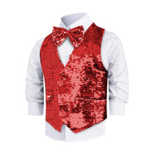 Vestiti America Boys Wipple Wit con Bowtie - giubbotto di costume scintillante per bambini - outfit da festa formale lucido per ragazzi (rosso)
