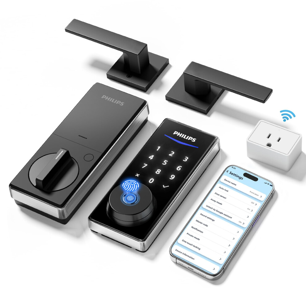 Philips WiFi Smart Lock with Handle  Fingerprint Keyless Entry Front Door Lock Set  Keypad Door Lock with Lever Handles  Smart Locks for Front Door+Wi