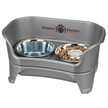 Neater Feeder - Express Model w/ Slow Feed Bowl - Mess-Proof Dog Bowls (M/L  Grey) Made in USA - Elevated  No Spill  Non-Tip  Non-Slip  Raised Stainle