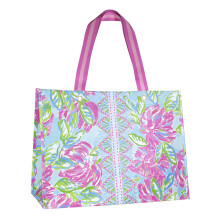 Lilly Pulitzer vaaleanpunainen/vihreä XL Market Shopper Bag Oversize uudelleenkäytettävä ruokalaukku, jossa mukavat olkaimet Totally Blossom