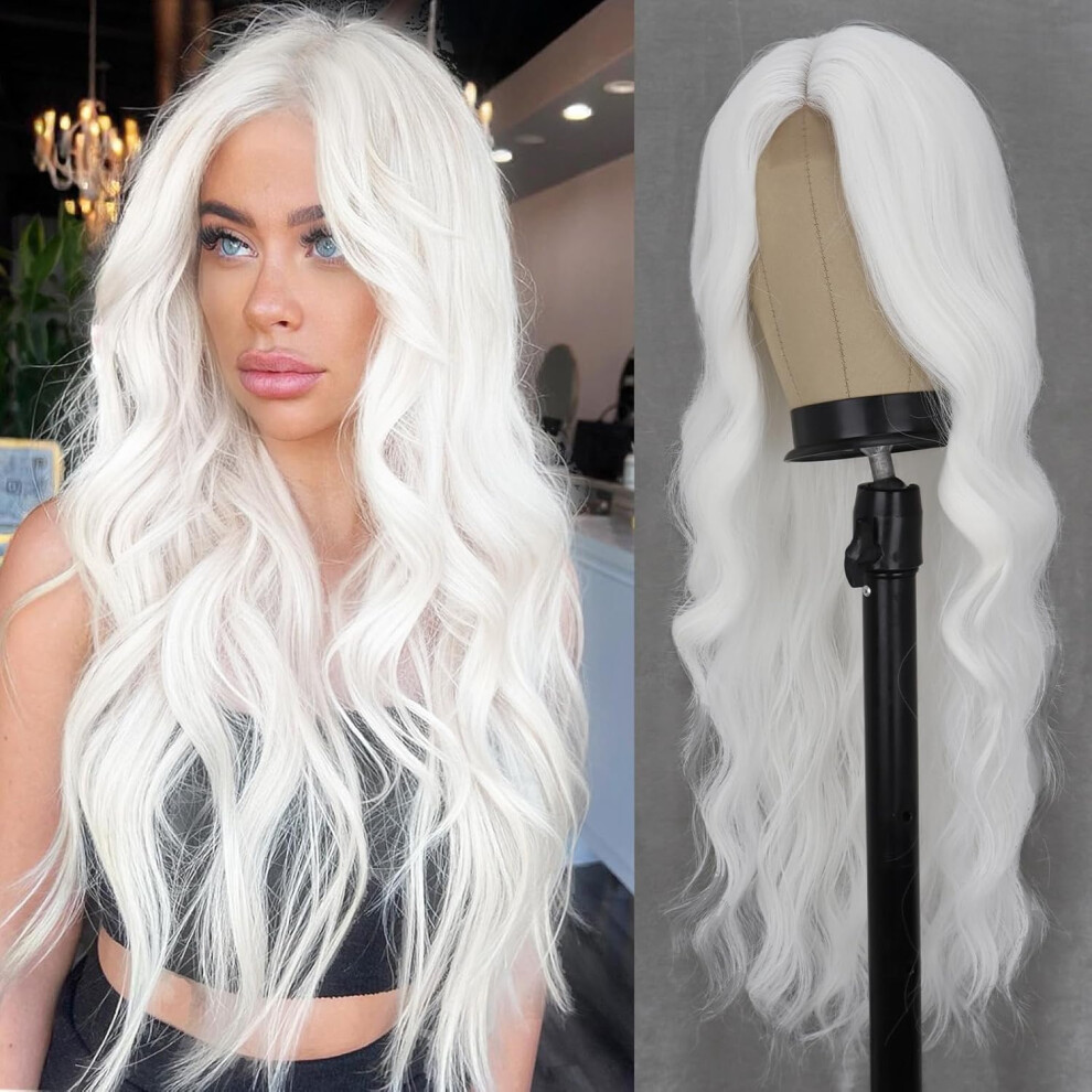 Werd Long White Wig For Women Long Curly Wavy Wig Middle Part White Wigs Heat Resistant Synthetic Cosplay Hair For Theme Party Daily Use