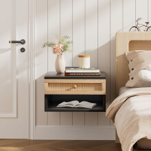 (Light Oak+Black) Wall Mounted Floating Bedside Table