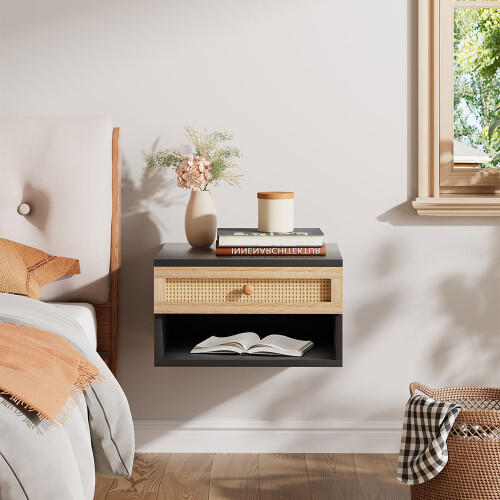 Living And Home (Light Oak+Black) Wall Mounted Floating Bedside Table 2