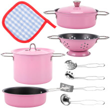 B?rnelege k?kkenleget?j Lad som om madlavning Pink gryder og pander af rustfrit st?l Metal k?kkens?t med redskaber (11 stykker)