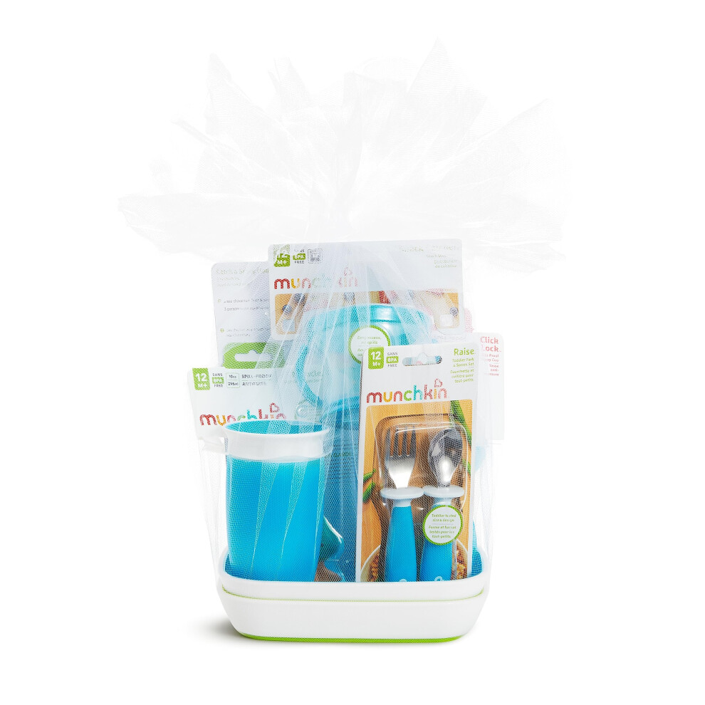 Munchkin 1st Birthday Baby/Toddler Gift Set  Includes Sippy Cups  Plates  Feeding Utensils  Snack Catcher  Bath Toy and Teether  Blue