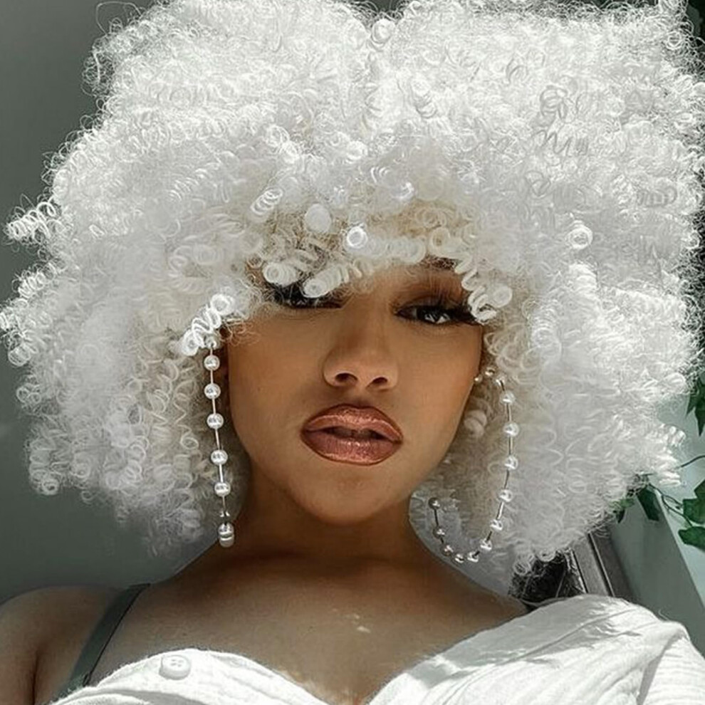 Xinran Unisex White Kinky Curly Wig Afro With Bangs