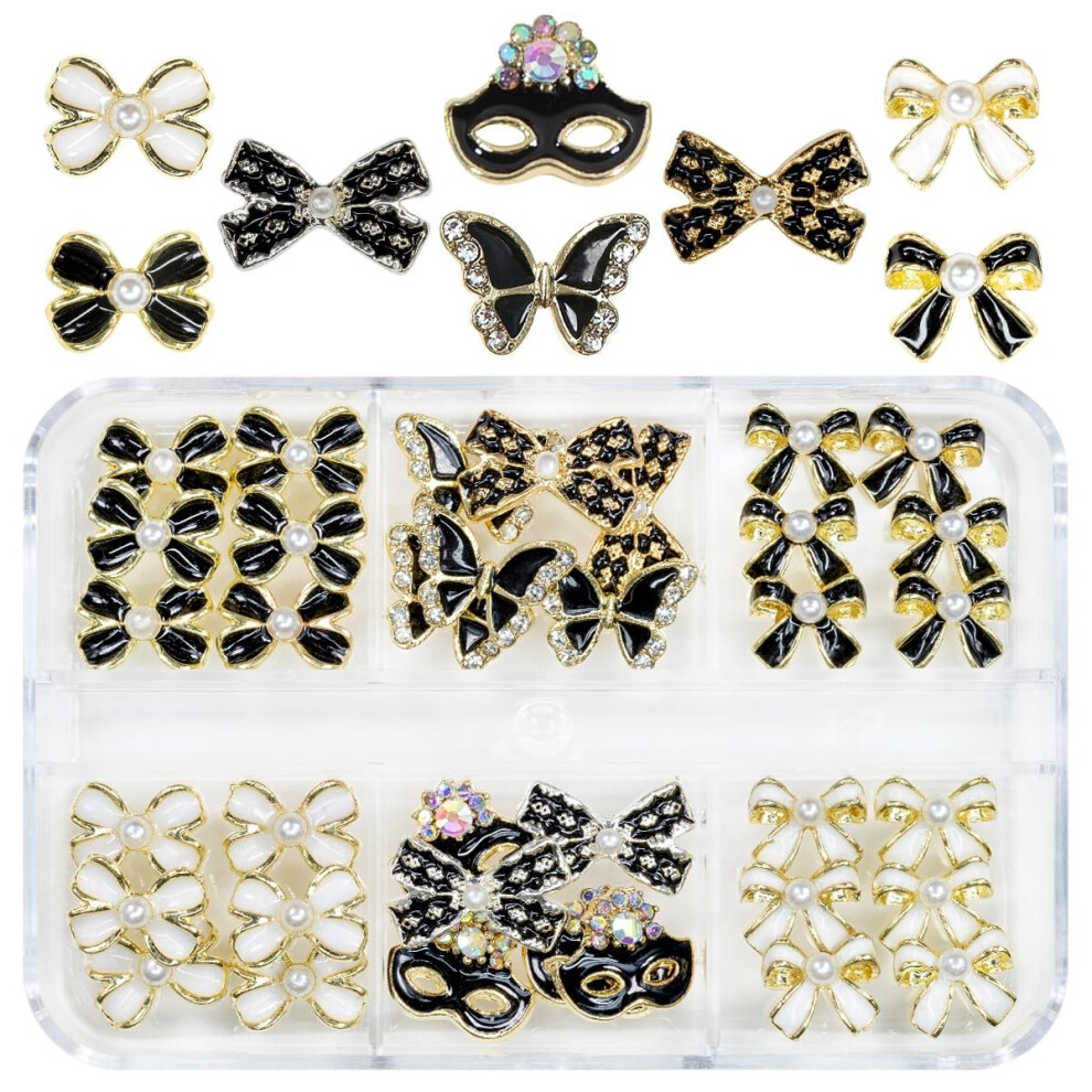 Qiipii Black/White 36Pcs Elegant Cute Charms For Nails Bow Butterfly Mask Luxury Kawaii Charms Nail Rhinestones Pearls Charms 3D Alloy Nail Gems Cute