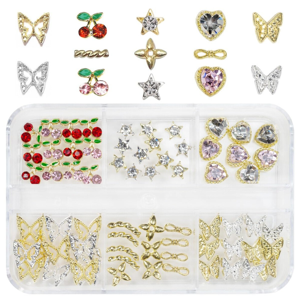 Qiipii Pink/Red/Golden 56 Pcs Cute Charms For Nails Cherry Butterfly Heart Star Kawaii Charms Crystal Nail Rhinestones Gems Silver Charms 3D Alloy Stu