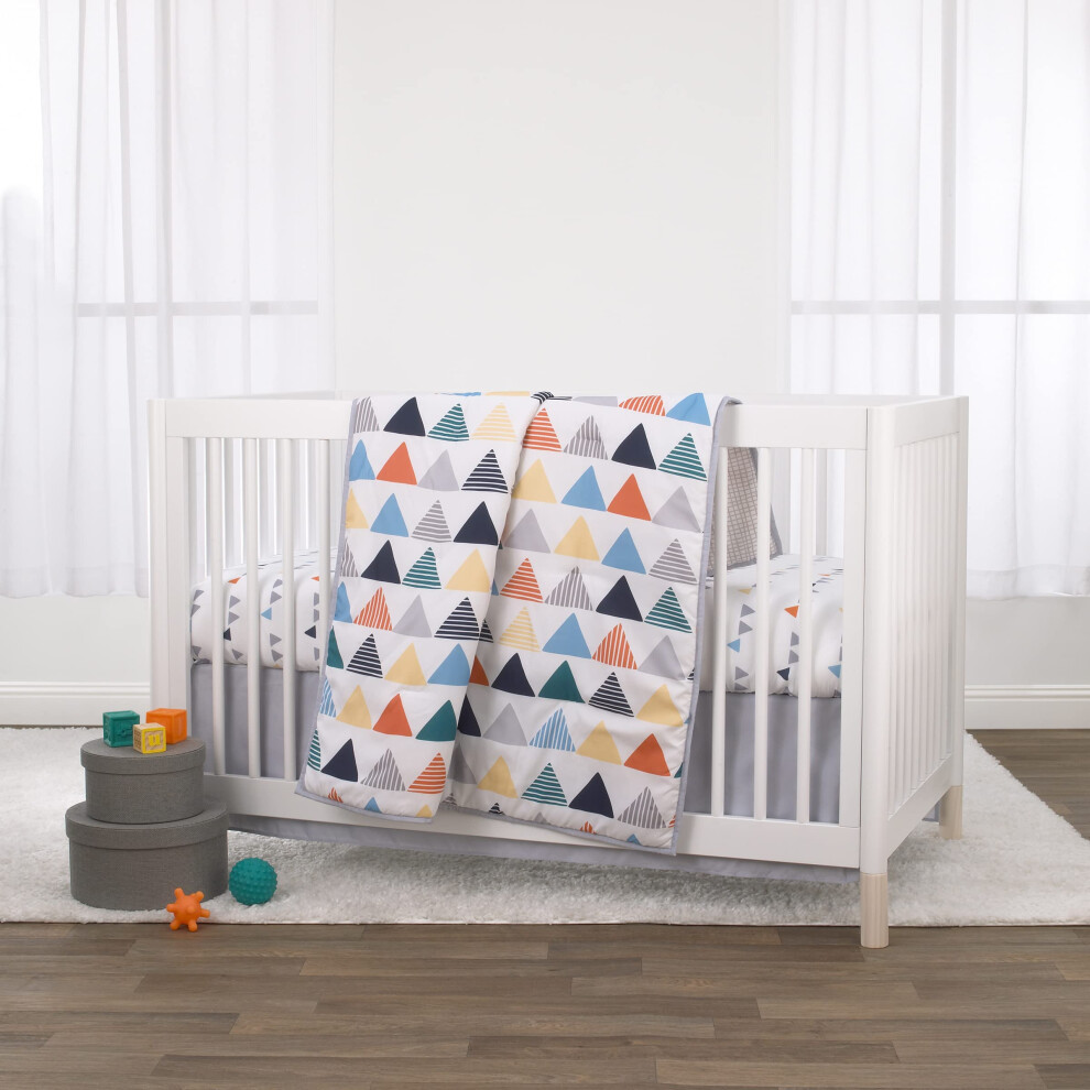 NoJo Little Love Navy Orange Grey and Yellow Triangles 3 Piece Crib Bedding Set - Comforter Fitted Crib Sheet and Dust Ruffle